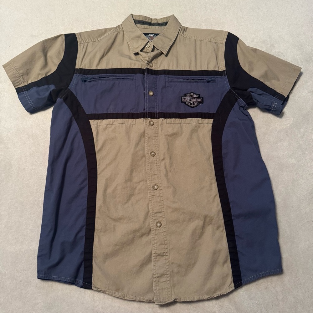 Harley-Davidson Embroidered Button Down Blue Tan Black Shirt M